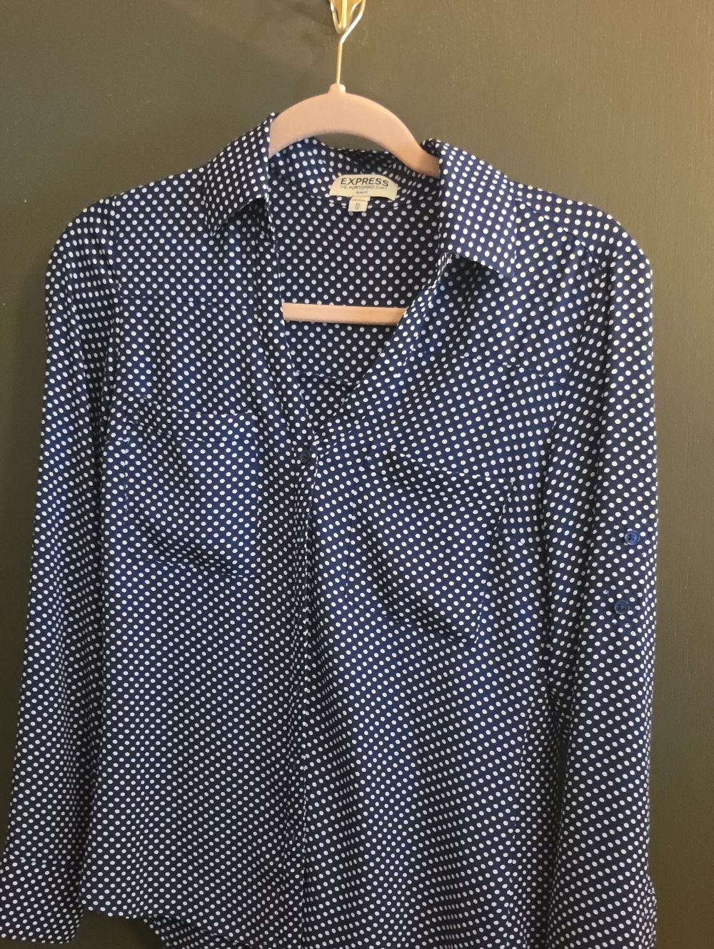 Express Men’s Navy Blue Shirt with White Polka Dots
